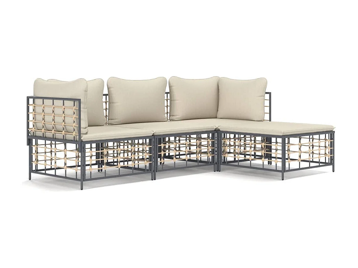 Salon de jardin 4 pcs avec coussins anthracite résine tressée