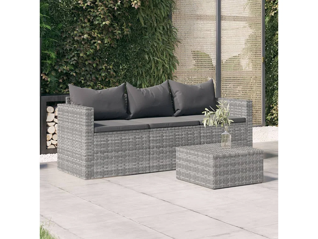 Canapé de jardin 3 places avec coussins Gris Résine tressée