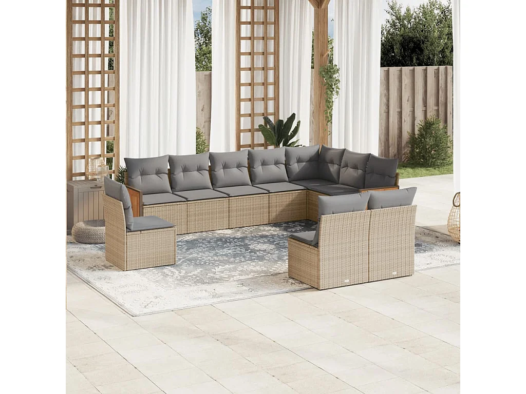 Salon de jardin avec coussins 10 pcs beige résine tressée
