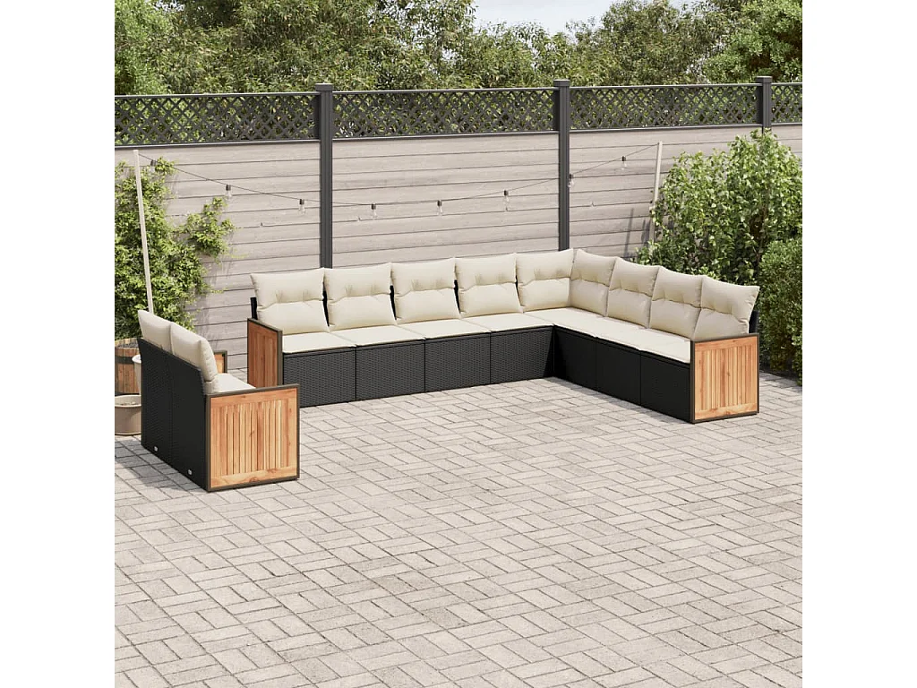 Salon de jardin 10 pcs avec coussins noir résine tressée