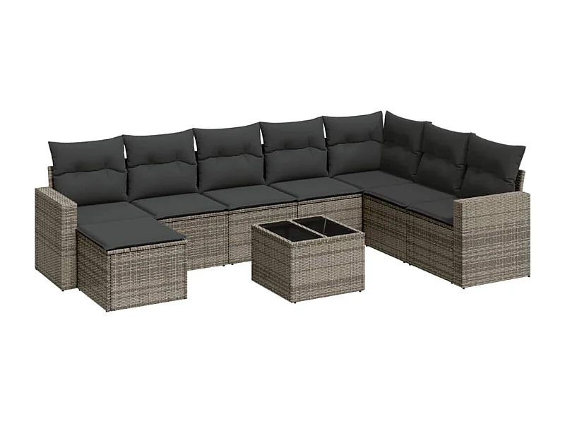 Salon de jardin 9 pcs avec coussins gris résine tressée