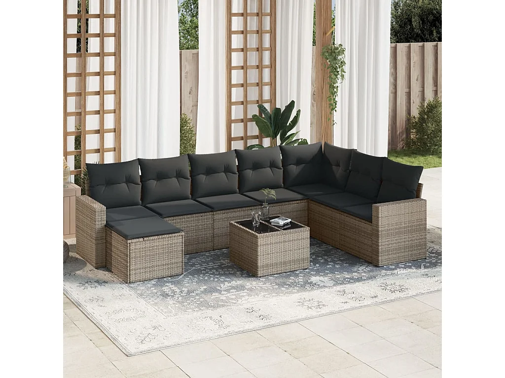Salon de jardin 9 pcs avec coussins gris résine tressée