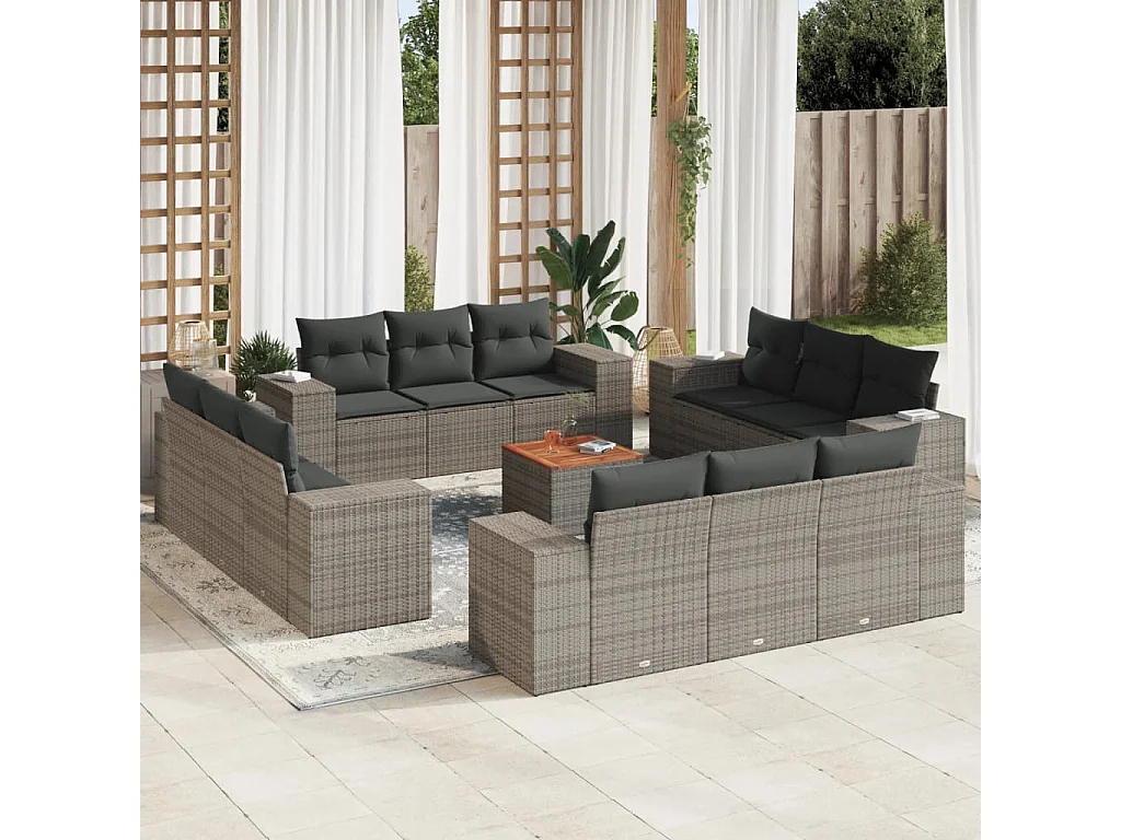 Salon de jardin avec coussins 13 pcs gris résine tressée