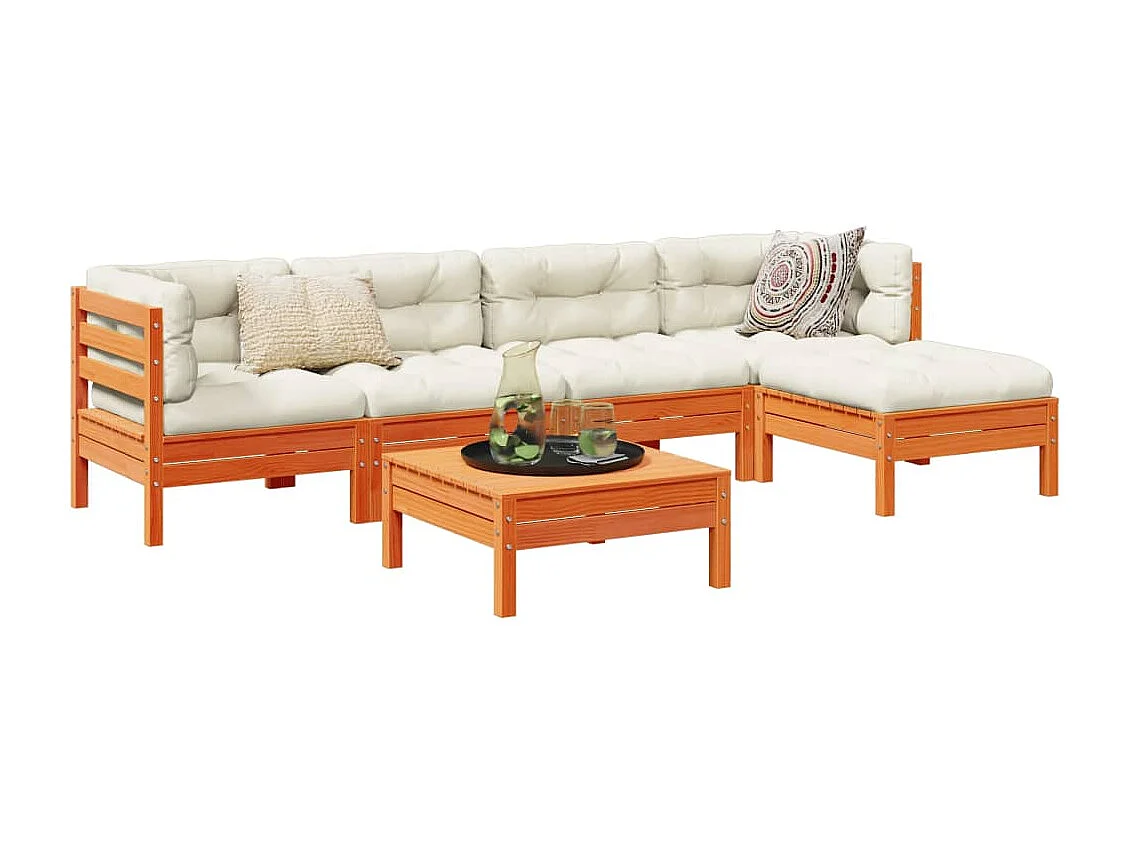 Salon de jardin 6 pcs avec coussins cire marron bois pin massif