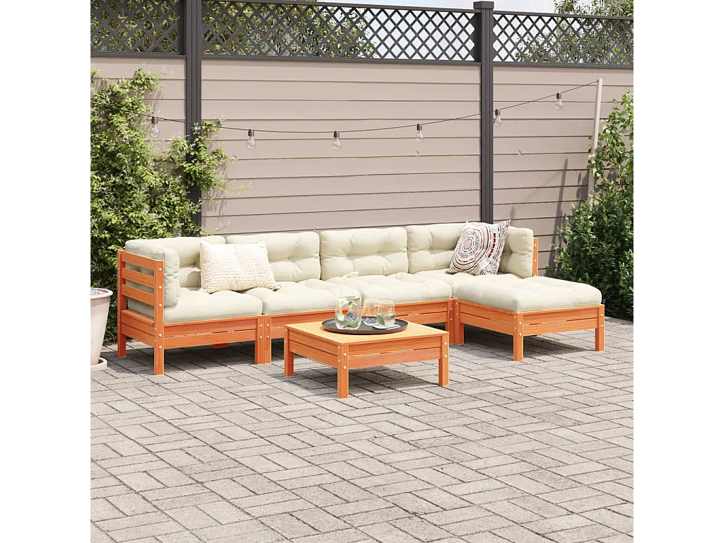 Salon de jardin 6 pcs avec coussins cire marron bois pin massif