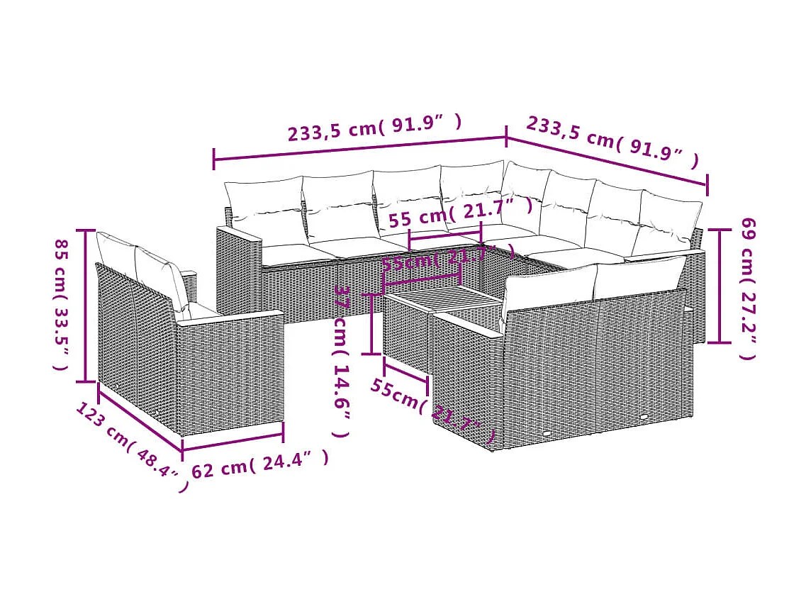 Salon de jardin 12 pcs avec coussins noir résine tressée