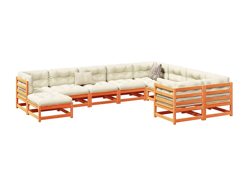 Salon de jardin 10pcs avec coussins cire marron bois pin massif