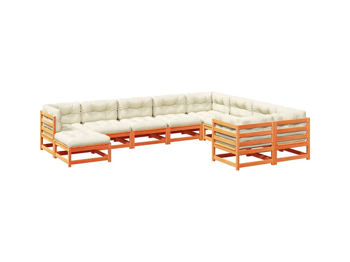 Salon de jardin 10pcs avec coussins cire marron bois pin massif