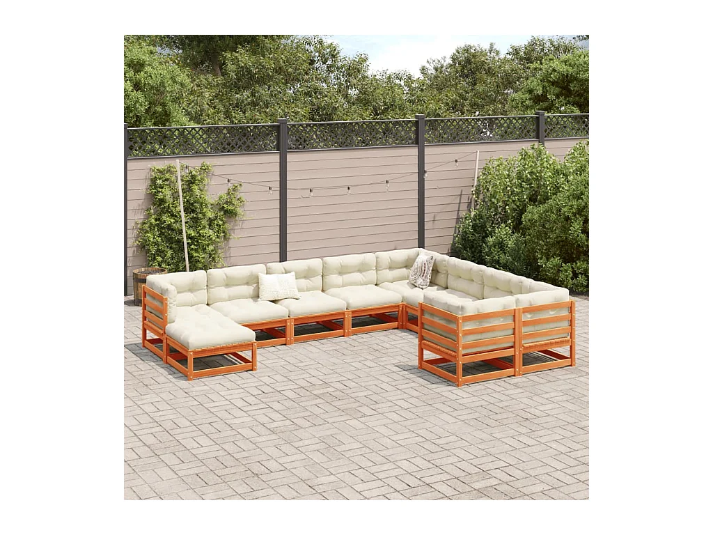 Salon de jardin 10pcs avec coussins cire marron bois pin massif