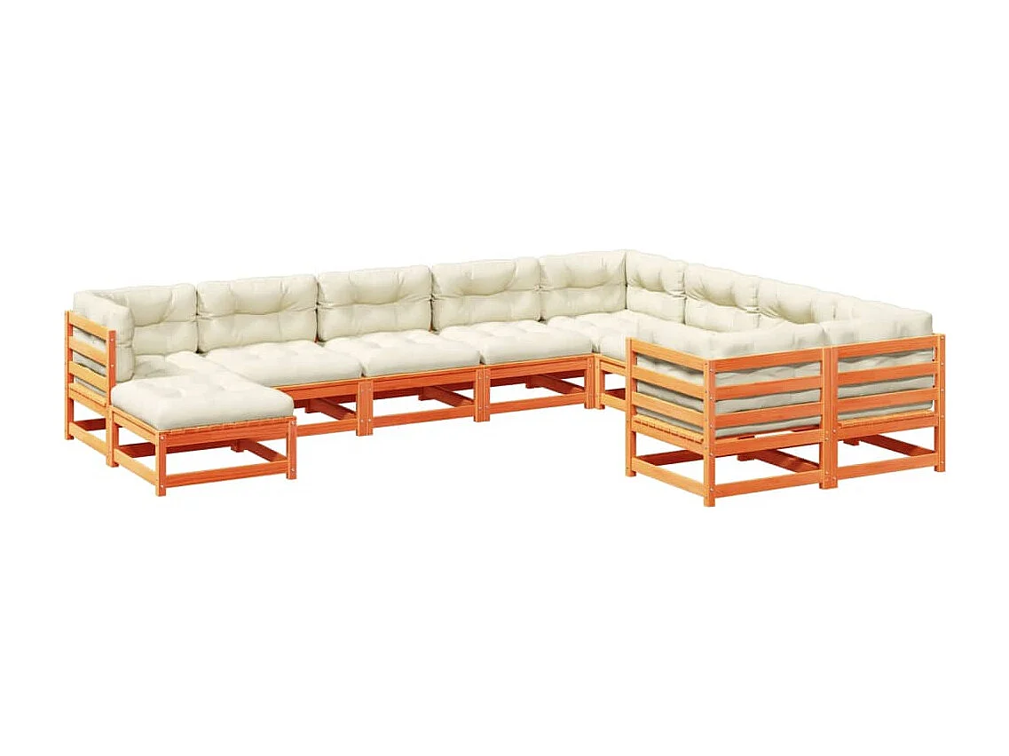 Salon de jardin 10pcs avec coussins cire marron bois pin massif