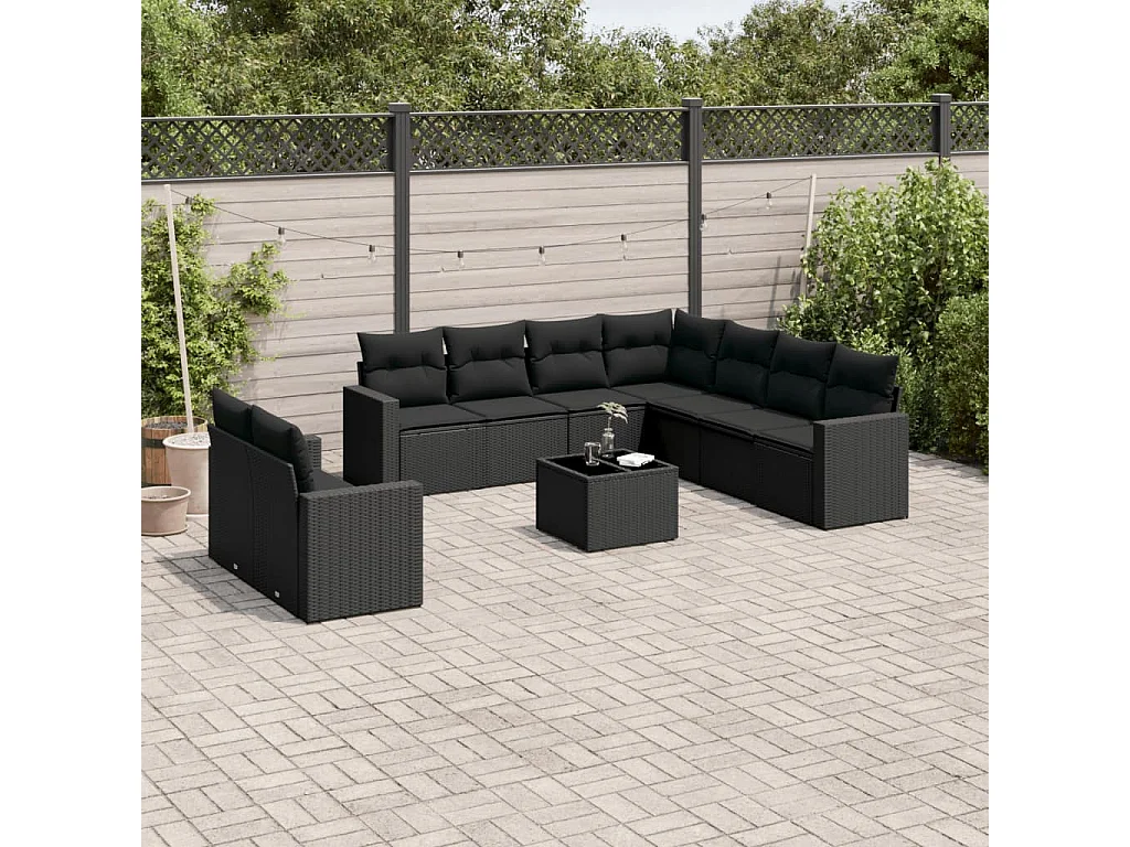 Salon de jardin 10 pcs avec coussins noir résine tressée