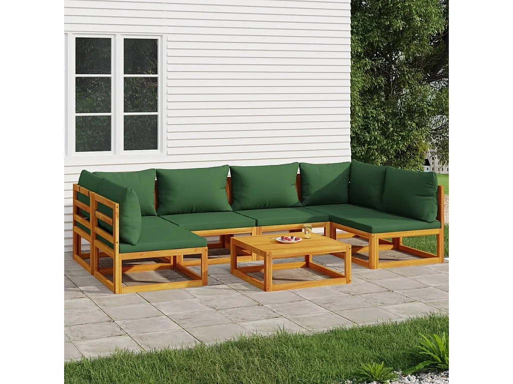 Salon de jardin 7 pcs avec coussins vert bois massif