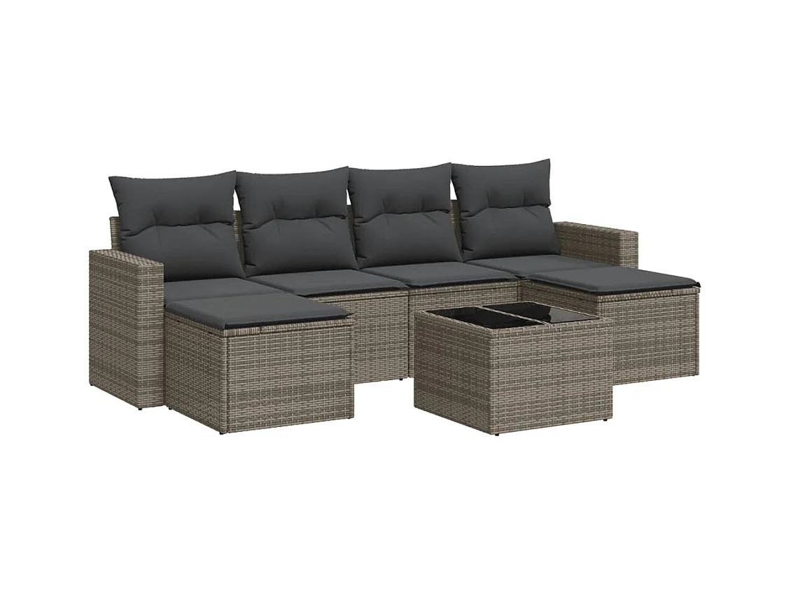 Salon de jardin avec coussins 7 pcs gris résine tressée