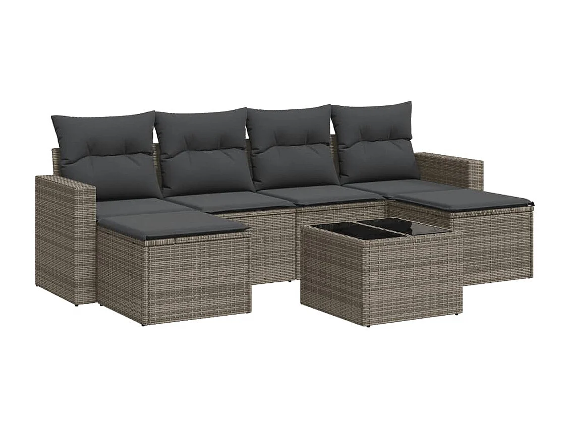 Salon de jardin avec coussins 7 pcs gris résine tressée