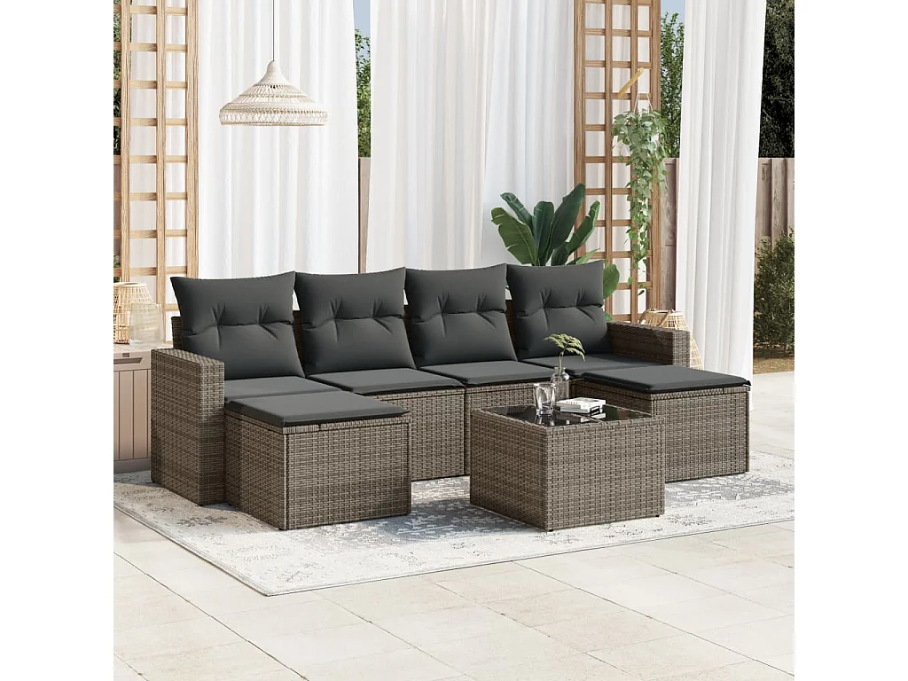 Salon de jardin avec coussins 7 pcs gris résine tressée