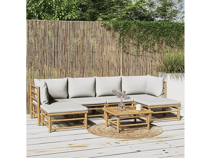 Salon de jardin 7 pcs avec coussins gris clair bambou