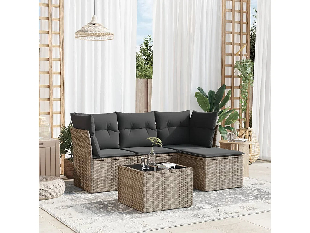 Salon de jardin 5 pcs avec coussins gris résine tressée