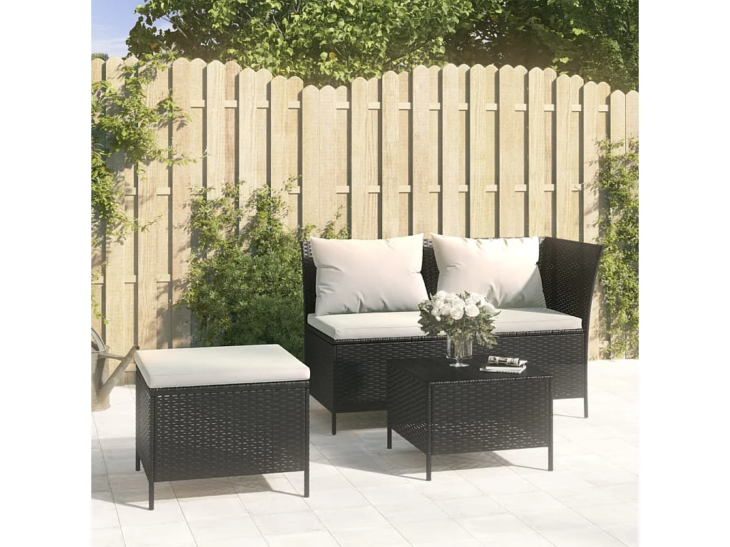 Salon de jardin 3 pcs avec coussins Noir Résine tressée