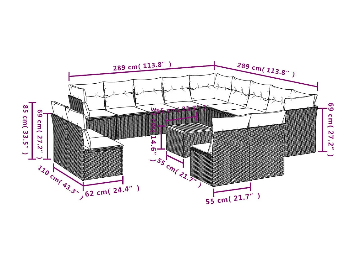 Salon de jardin avec coussins 14 pcs noir résine tressée