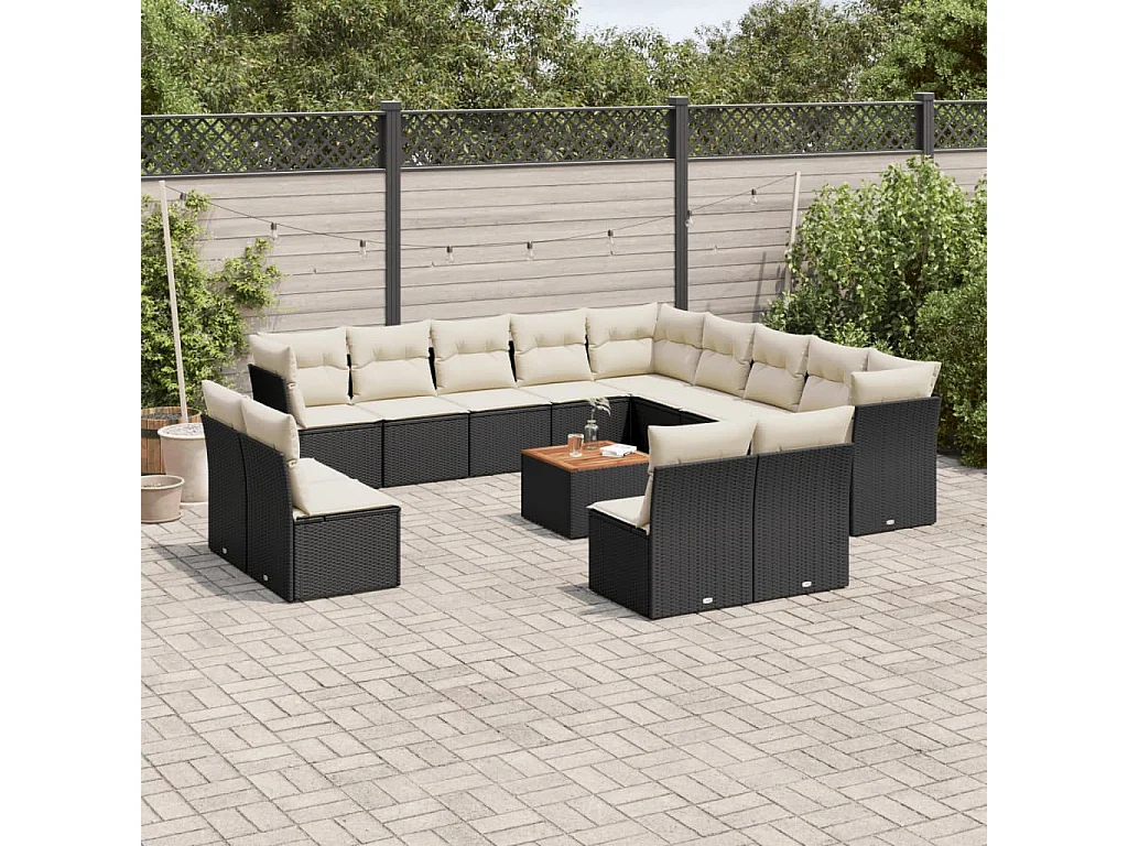 Salon de jardin avec coussins 14 pcs noir résine tressée