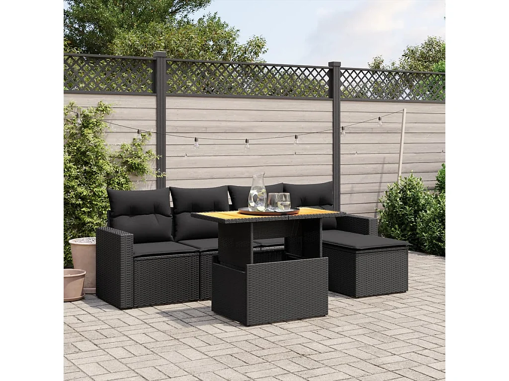 Salon de jardin 6 pcs avec coussins noir résine tressée