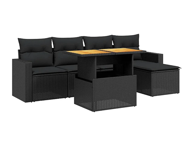 Salon de jardin 6 pcs avec coussins noir résine tressée