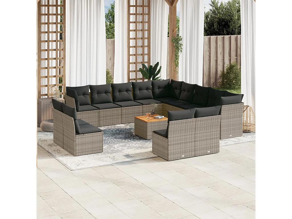 Salon de jardin avec coussins 14 pcs gris résine tressée