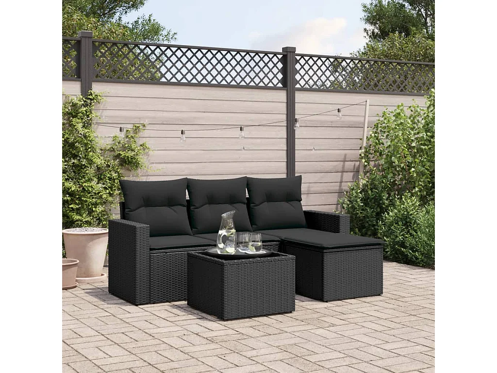 Salon de jardin 5 pcs avec coussins noir résine tressée