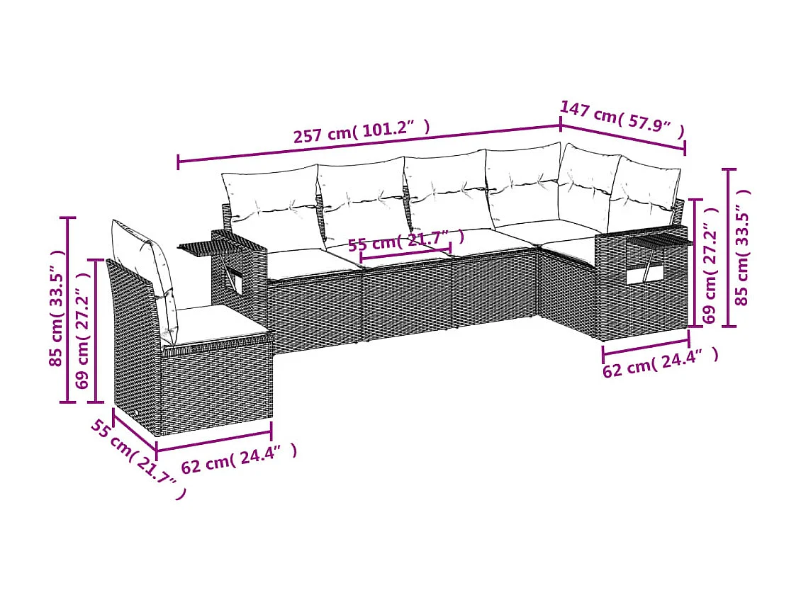 Salon de jardin avec coussins 6 pcs marron résine tressée