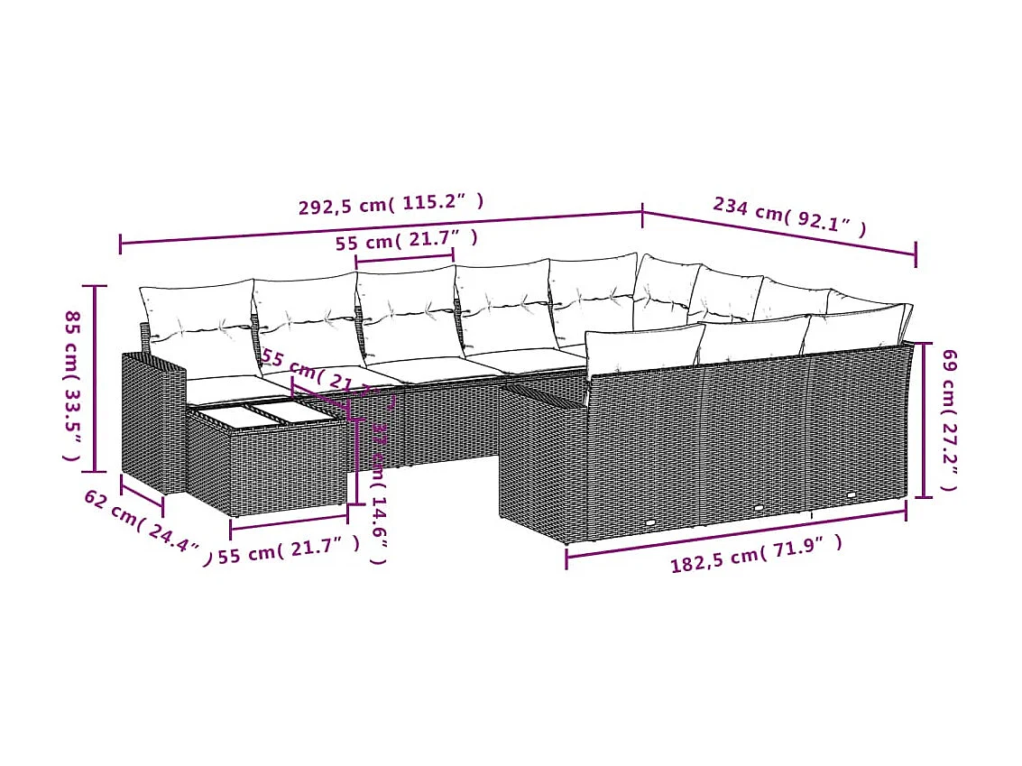 Salon de jardin 11 pcs avec coussins gris résine tressée