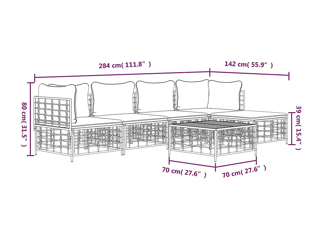 Salon de jardin 6 pcs avec coussins anthracite résine tressée