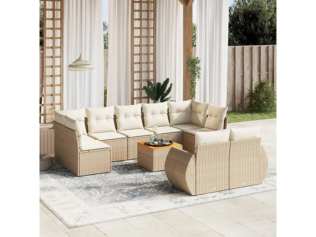 Salon de jardin avec coussins 10 pcs beige résine tressée