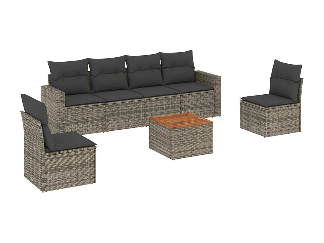 Salon de jardin avec coussins 7 pcs gris résine tressée