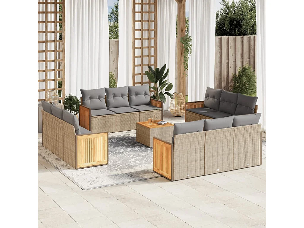 Salon de jardin avec coussins 13 pcs beige résine tressée