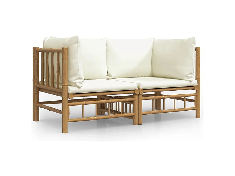 Canapés d'angle de jardin avec coussins blanc crème 2pcs bambou