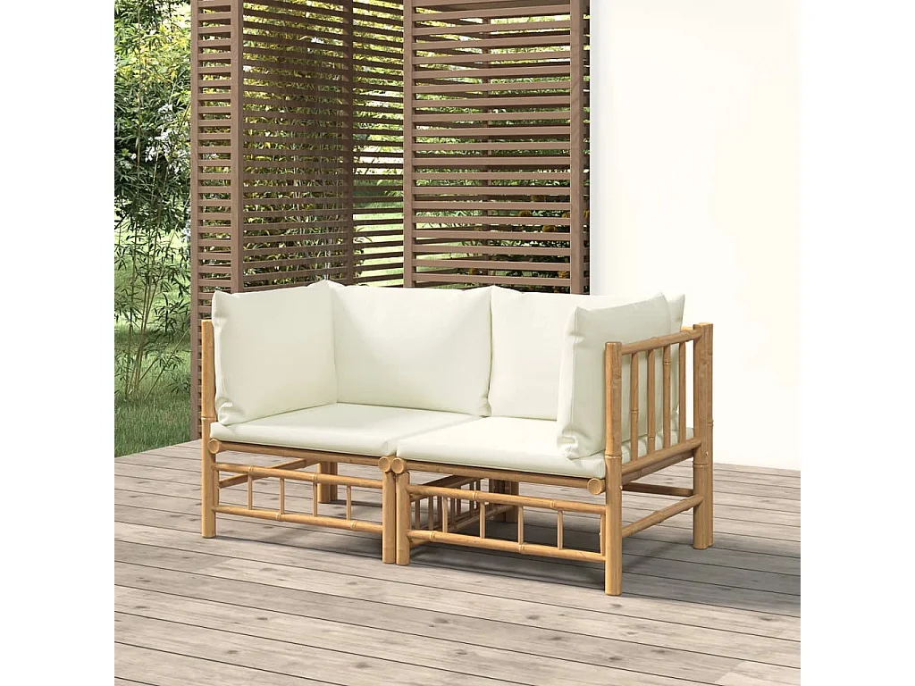 Canapés d'angle de jardin avec coussins blanc crème 2pcs bambou
