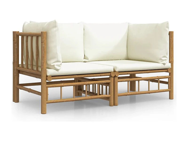Canapés d'angle de jardin avec coussins blanc crème 2pcs bambou