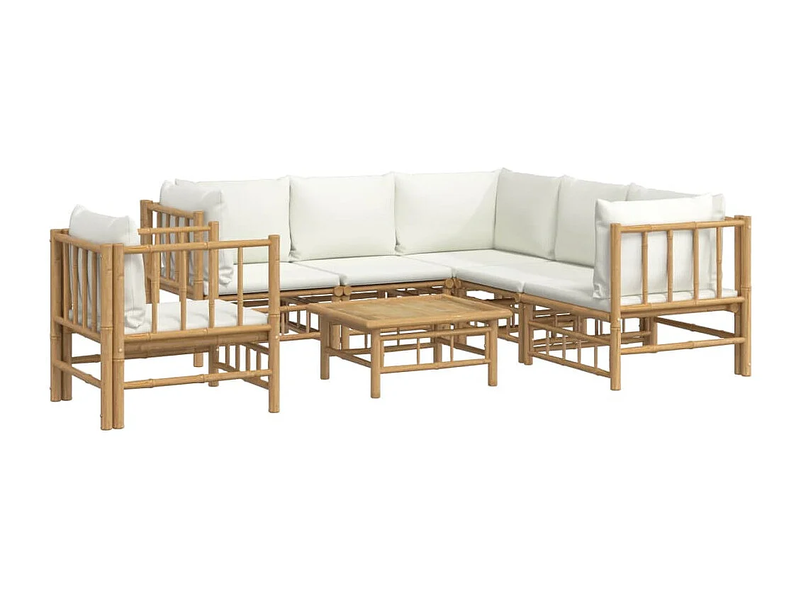 Salon de jardin 7 pcs avec coussins blanc crème bambou