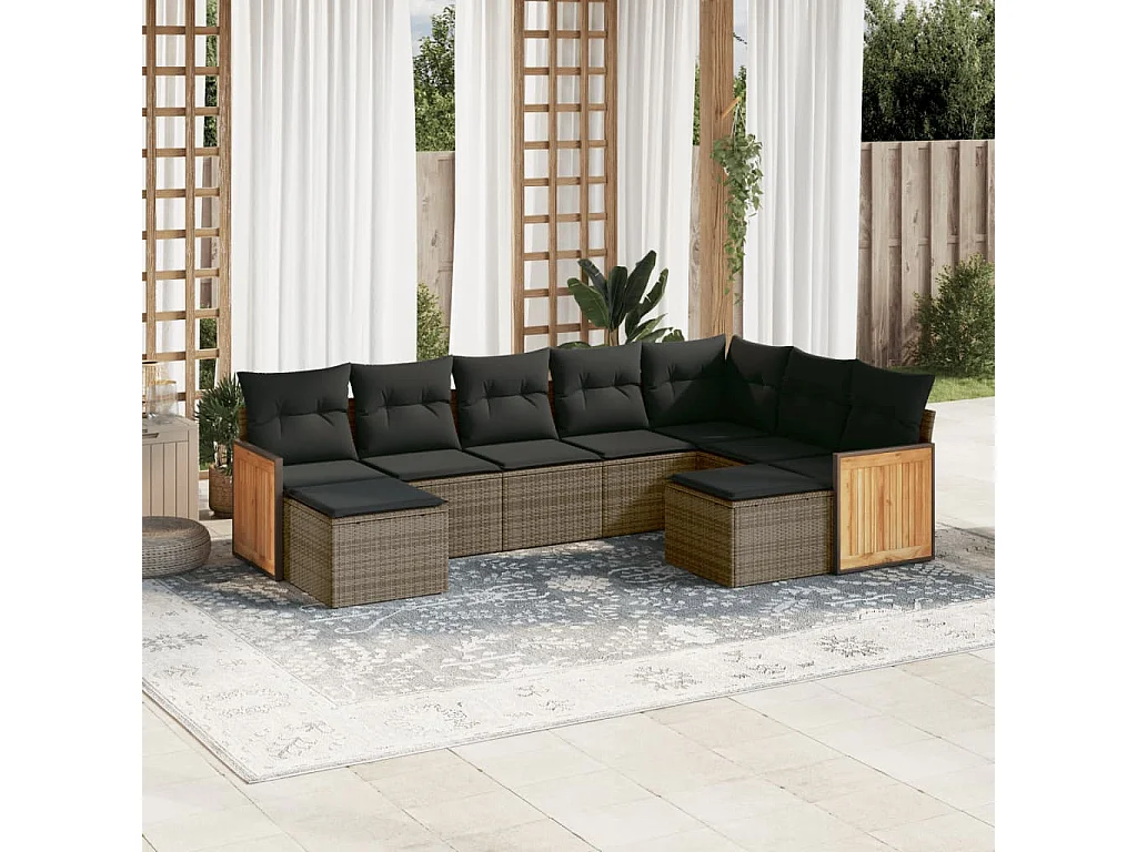 Salon de jardin 9 pcs avec coussins gris résine tressée