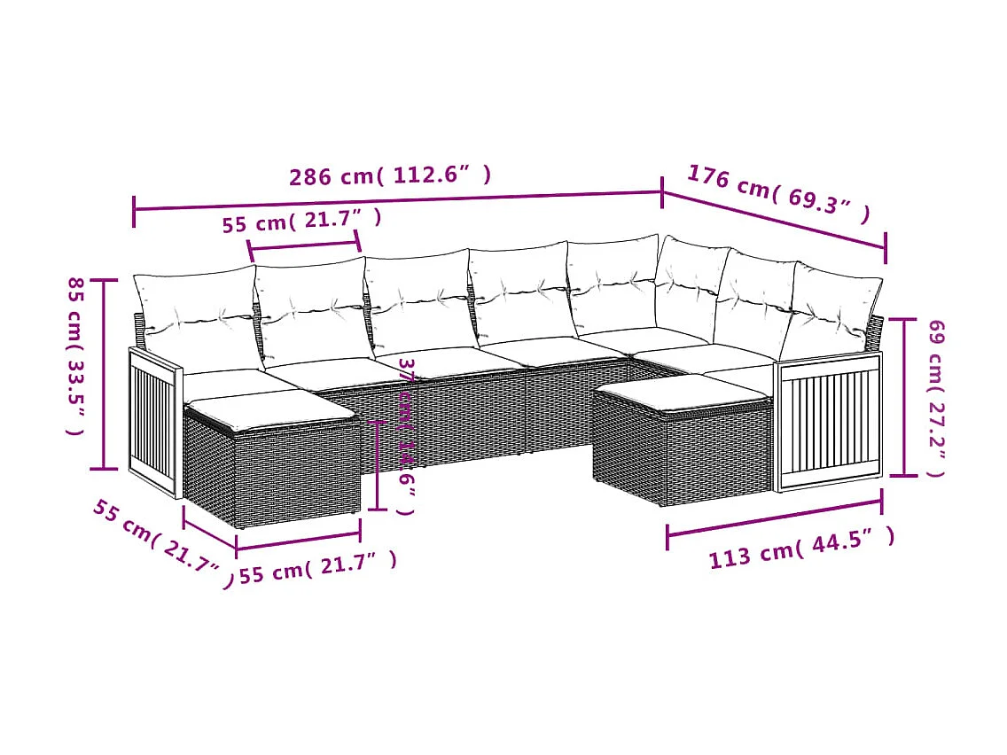 Salon de jardin 9 pcs avec coussins gris résine tressée