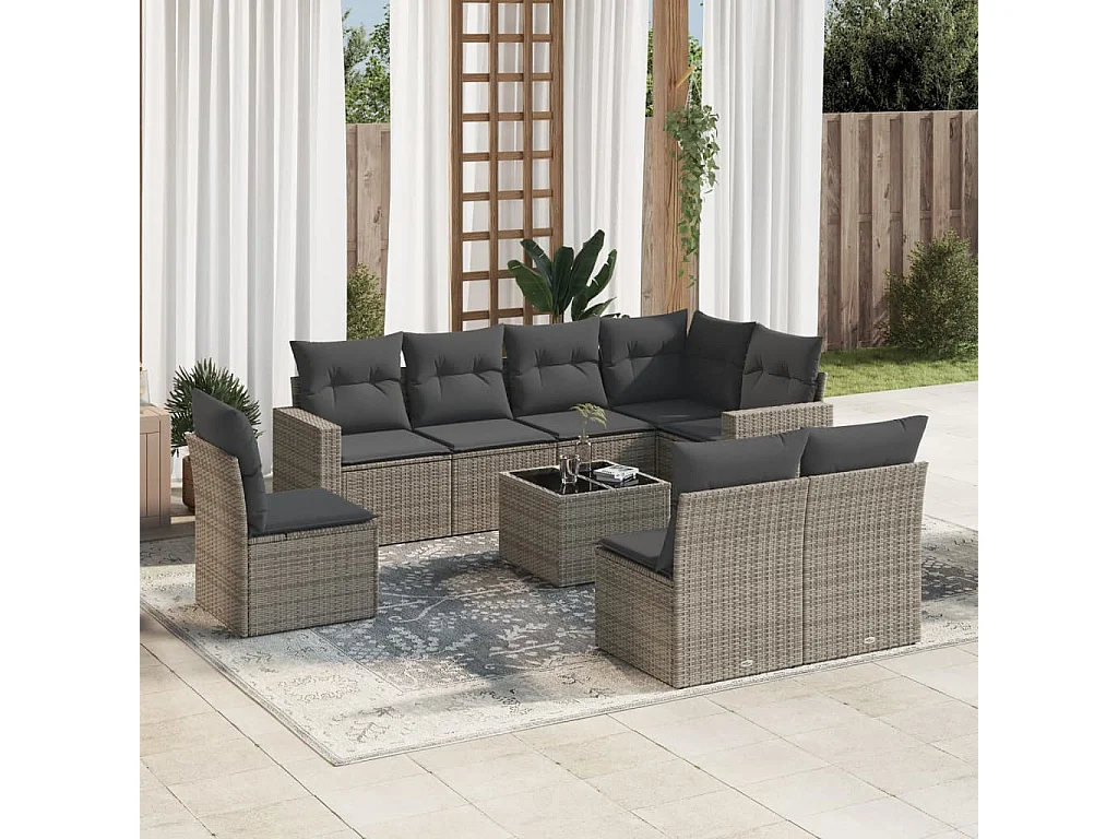 Salon de jardin 9 pcs avec coussins gris résine tressée