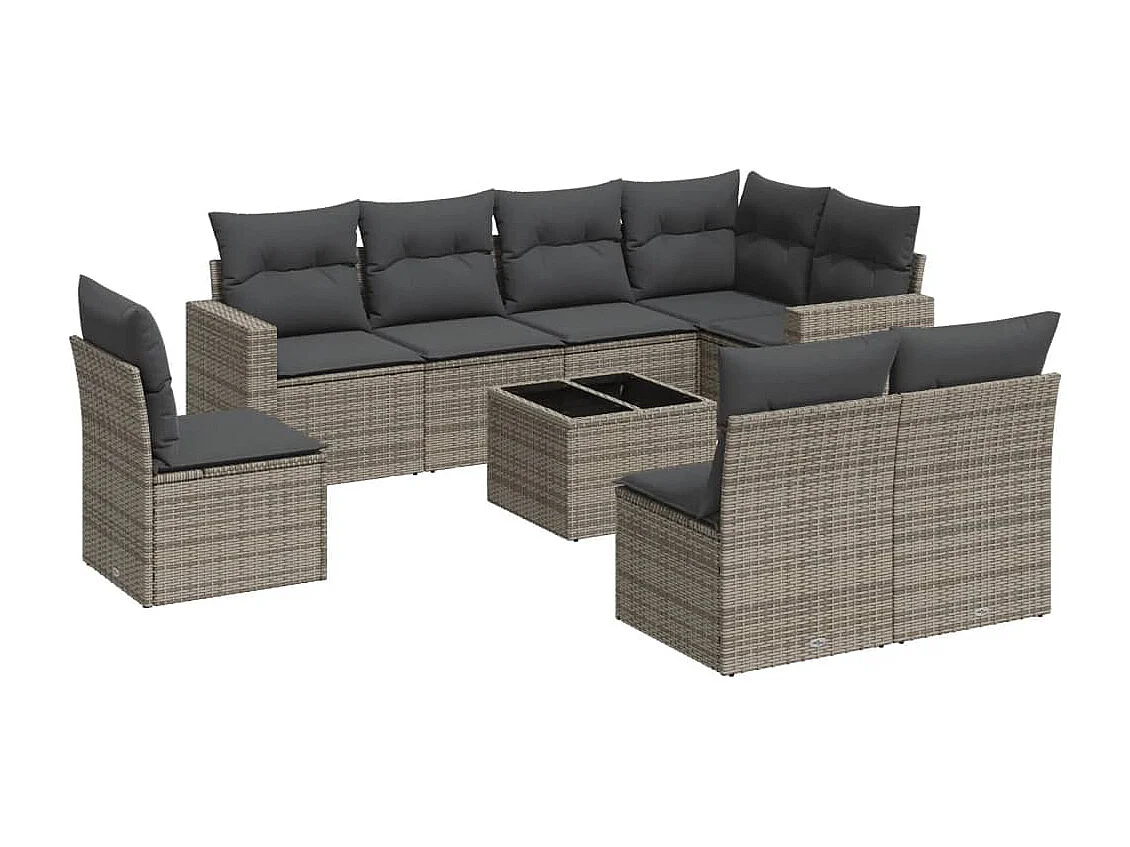 Salon de jardin 9 pcs avec coussins gris résine tressée