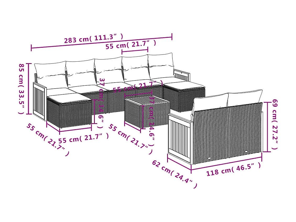 Salon de jardin avec coussins 10 pcs gris résine tressée