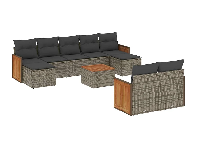 Salon de jardin avec coussins 10 pcs gris résine tressée