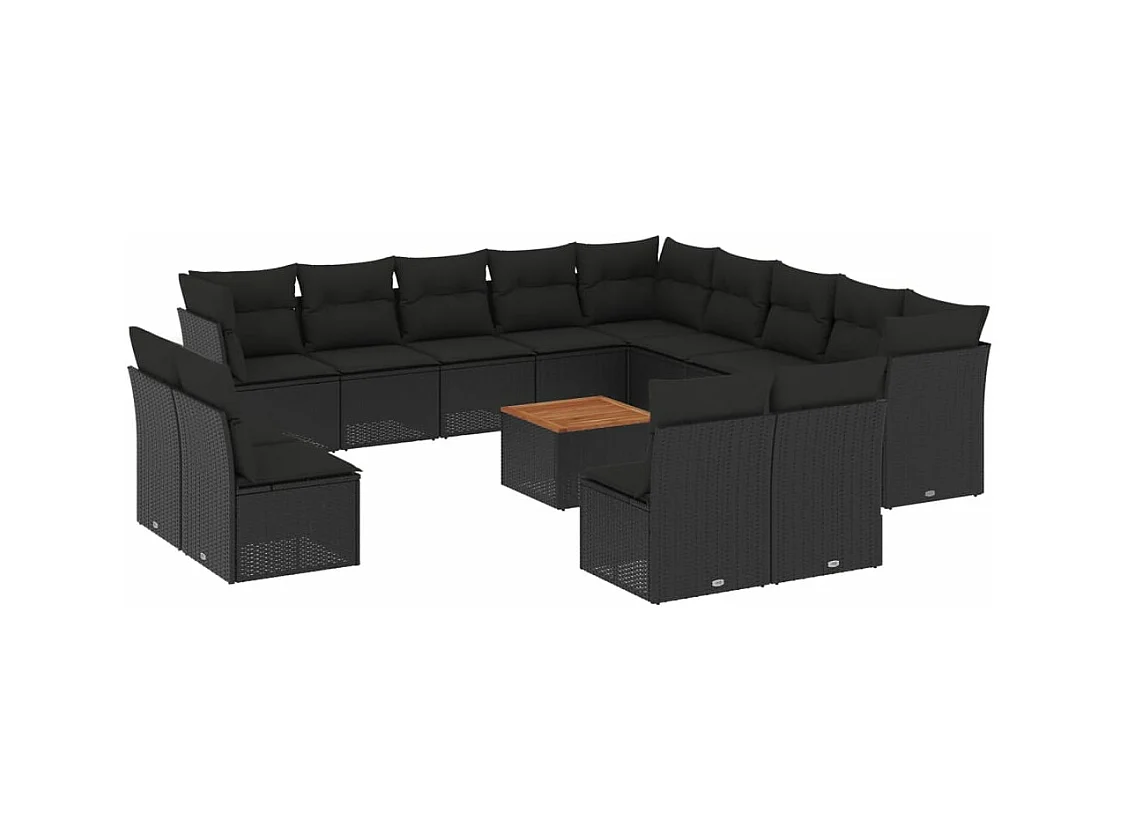 Salon de jardin avec coussins 14 pcs noir résine tressée