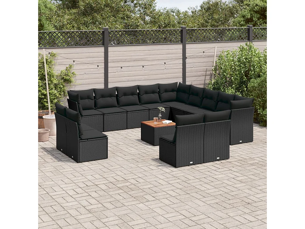 Salon de jardin avec coussins 14 pcs noir résine tressée