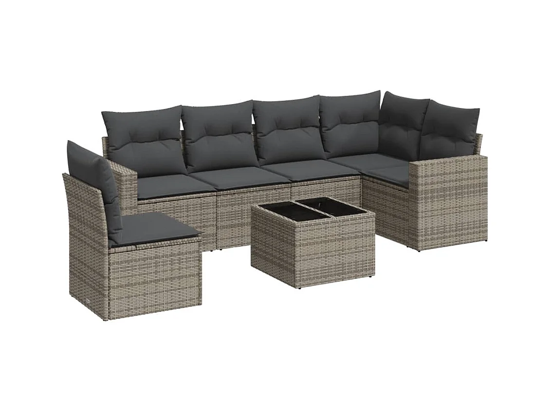 Salon de jardin avec coussins 7 pcs gris résine tressée