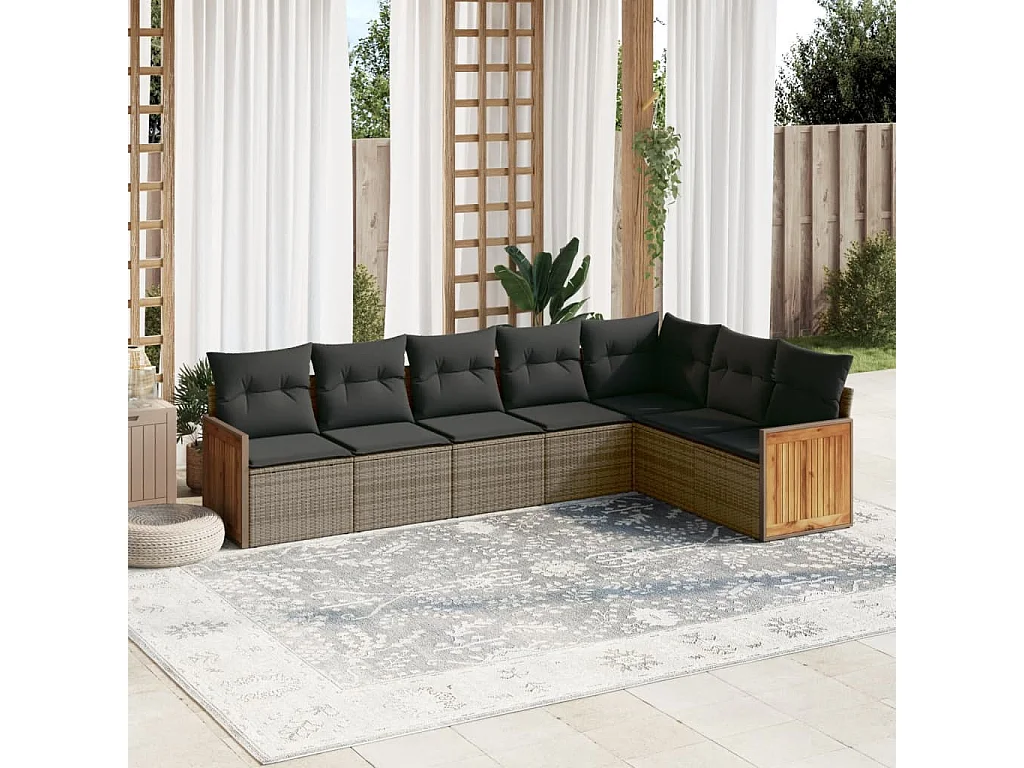 Salon de jardin avec coussins 7 pcs gris résine tressée
