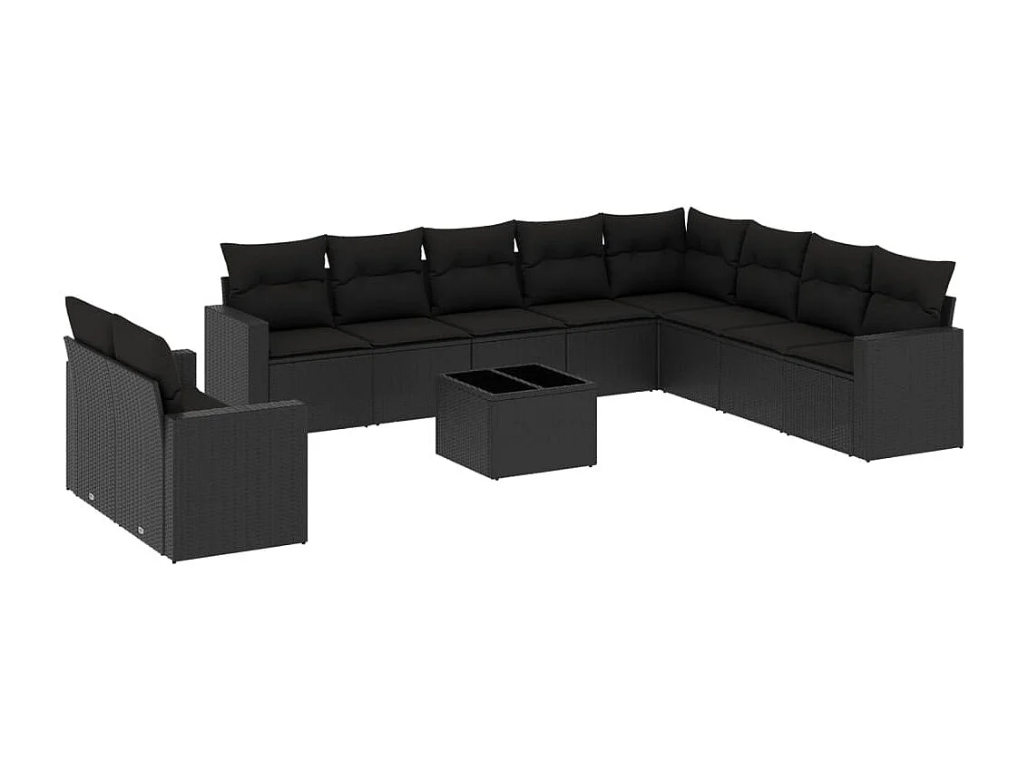 Salon de jardin 11 pcs avec coussins noir résine tressée
