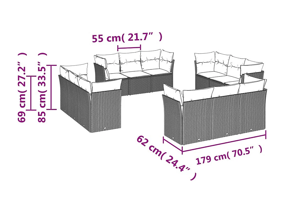 Salon de jardin 12 pcs avec coussins noir résine tressée